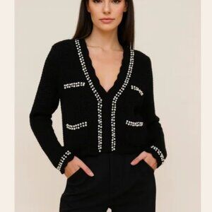 House of Harlow 1960 Black Cardigan with Pearl Details cropped v neck L Large